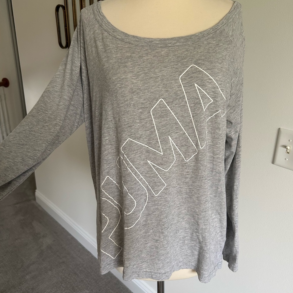 NWOT PUMA Women's Heather Gray Long Sleeve Tee White Boatneck High Low XL NEW